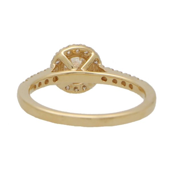Diamond halo ring in yellow gold.