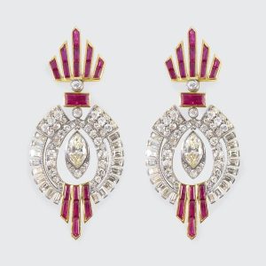 1940's drop earrings with diamonds set in platinum and rubies set in gold.