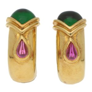 Adler Etruscan Green and Pink Tourmaline Clip Earrings In 18 Carat Yellow Gold