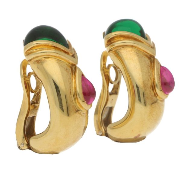 Green and pink tourmaline half hoop clip on earrings in gold