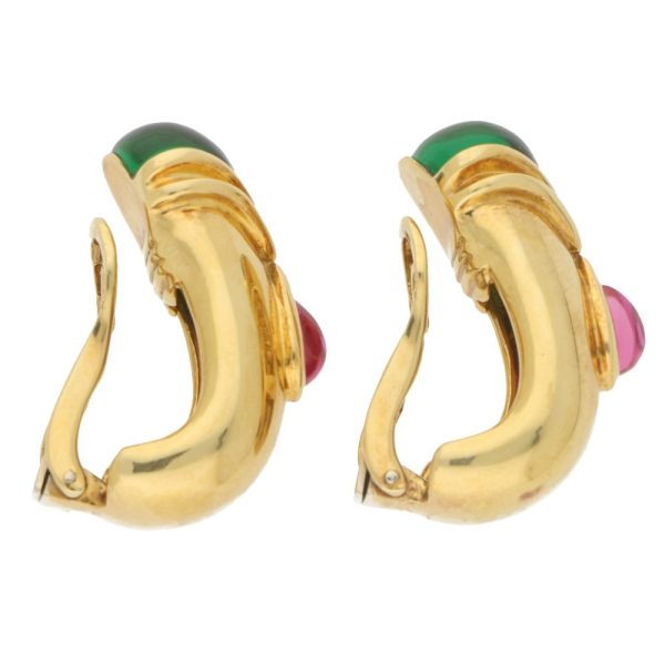 Green and pink tourmaline half hoop clip on earrings in gold