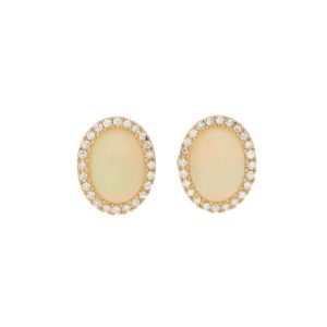 Opal And Diamond Cluster Halo Stud Earrings In 18 Carat Yellow Gold