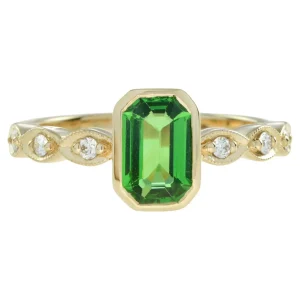 Emerald Cut Tsavorite Garnet Solitaire Engagement Ring with Diamond