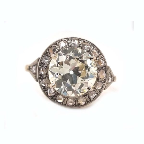Art Deco OldCut diamond 3 carats engagement ring, halo cluster rose cuts gold and silver