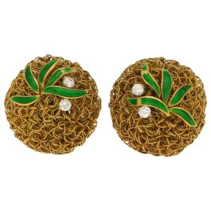 18 Carat Gold Wire Work Earrings With Enamel and Diamonds