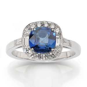 Cushion Cut Sapphire and Diamond Cluster Engagement Ring