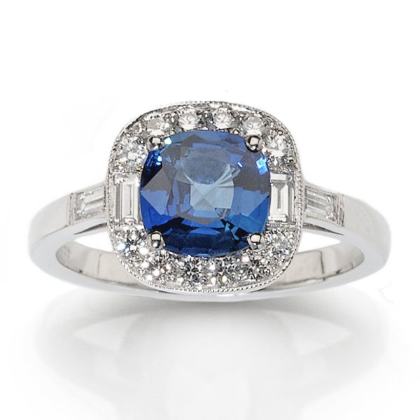 1.67ct Cushion Cut Sapphire and Diamond Cluster Engagement Ring in Platinum