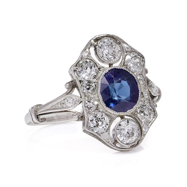 Art Deco Sapphire and Diamond Three Stone Engagement Plaque Ring