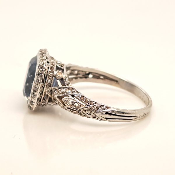 Antique 3.25ct Natural Cornflower Ceylon Sapphire and Diamond Cluster Engagement Ring in Platinum