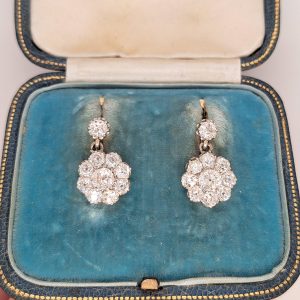 Antique French 2ct Old Cut Diamond Cluster Drop Earrings in platinum on 18ct yellow gold. Circa 1900