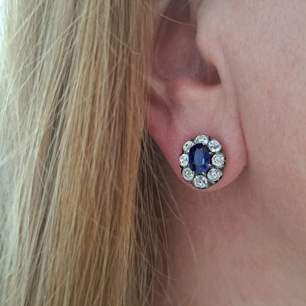 Antique 2ct Natural No Heat Sapphire and 1.60ct Old Cut Diamond Cluster Earrings in silver upon gold. Late 19th century Circa 1880