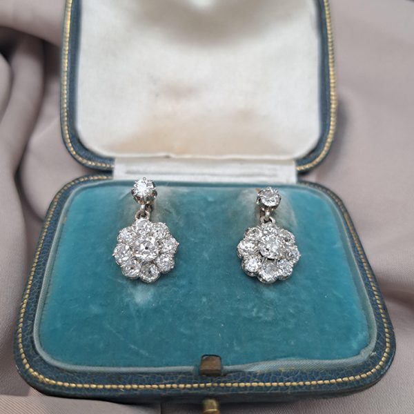 Antique French 2ct Old Cut Diamond Cluster Drop Earrings in platinum on 18ct yellow gold. Circa 1900