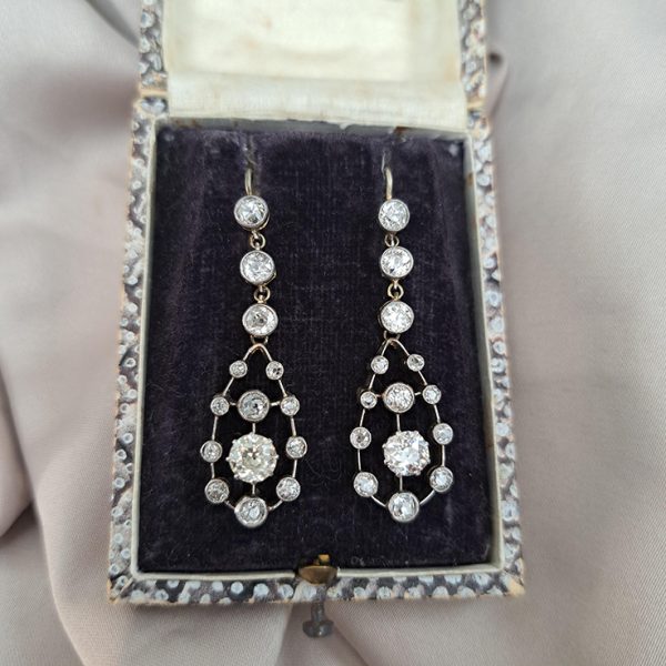 Antique 3ct Old Cut Diamond Cluster Drop Earrings in platinum upon 18ct yellow gold. Late 19th century Circa 1895