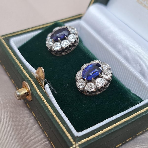 Antique 2ct Natural No Heat Sapphire and 1.60ct Old Cut Diamond Cluster Earrings in silver upon gold. Late 19th century Circa 1880