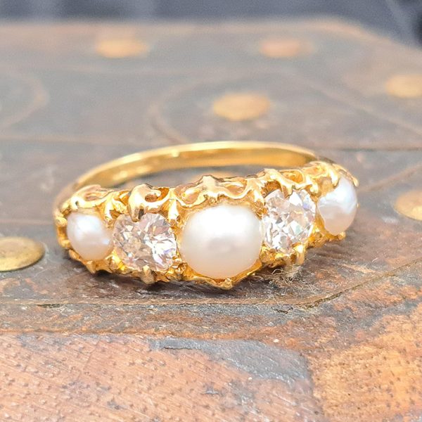 Victorian Antique Pearl and Old Cut Diamond Five Stone Ring