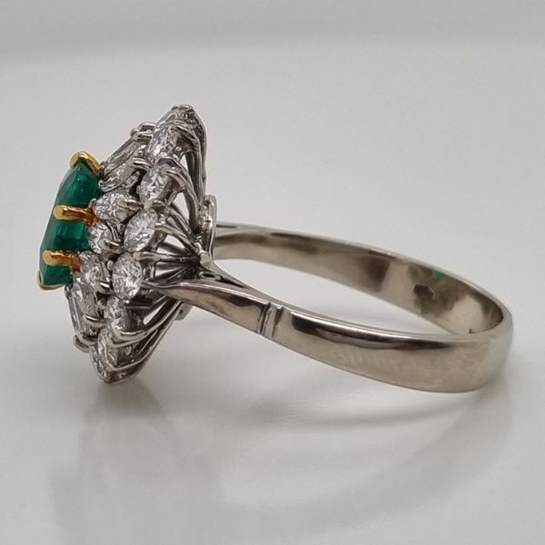 Vintage Muzo Italian 1.4ct Emerald and 2.5ct Diamond Double Cluster Ring, cushion-shaped emerald surrounded by marquise-cut and brilliant-cut diamonds