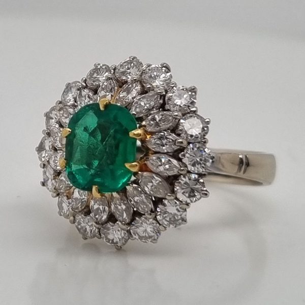 Vintage Muzo Italian 1.4ct Emerald and 2.5ct Diamond Double Cluster Ring, cushion-shaped emerald surrounded by marquise-cut and brilliant-cut diamonds