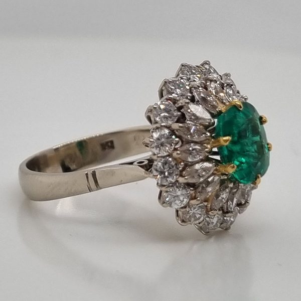 Vintage Muzo Italian 1.4ct Emerald and 2.5ct Diamond Double Cluster Cocktail Ring, cushion-shaped emerald surrounded by marquise-cut and brilliant-cut diamonds