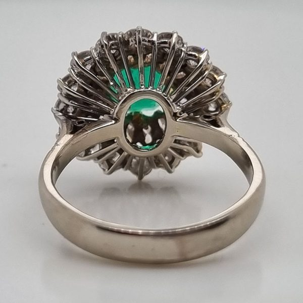 Vintage Muzo Italian 1.4ct Emerald and 2.5ct Diamond Double Cluster Cocktail Ring, cushion-shaped emerald surrounded by marquise-cut and brilliant-cut diamonds