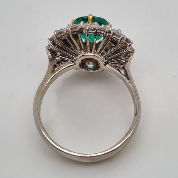 Vintage Muzo Italian 1.4ct Emerald and 2.5ct Diamond Double Cluster Cocktail Ring, cushion-shaped emerald surrounded by marquise-cut and brilliant-cut diamonds