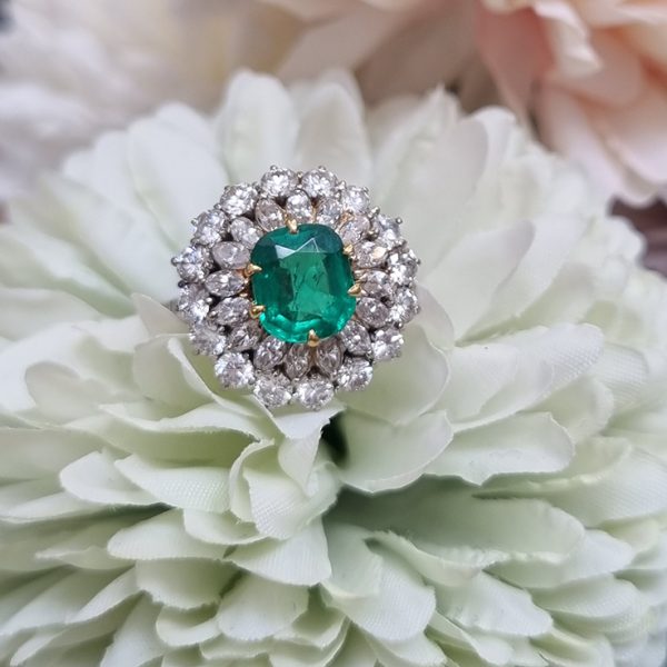 Vintage Muzo Italian 1.4ct Emerald and 2.5ct Diamond Double Cluster Cocktail Ring, cushion-shaped emerald surrounded by marquise-cut and brilliant-cut diamonds