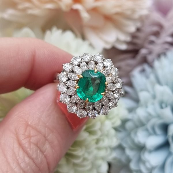 Vintage Muzo Italian 1.4ct Cushion Cut Emerald and 2.5ct Marquise and Brilliant Cut Diamond Double Cluster Cocktail Ring