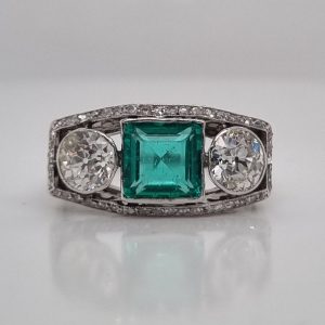 Antique Emerald and Diamond Three Stone Engagement Ring
