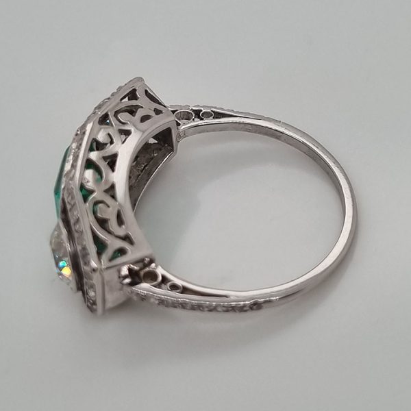 Edwardian Antique 1.40ct Emerald and 1.30ct Old Cut Diamond Three Stone Engagement Ring in Platinum
