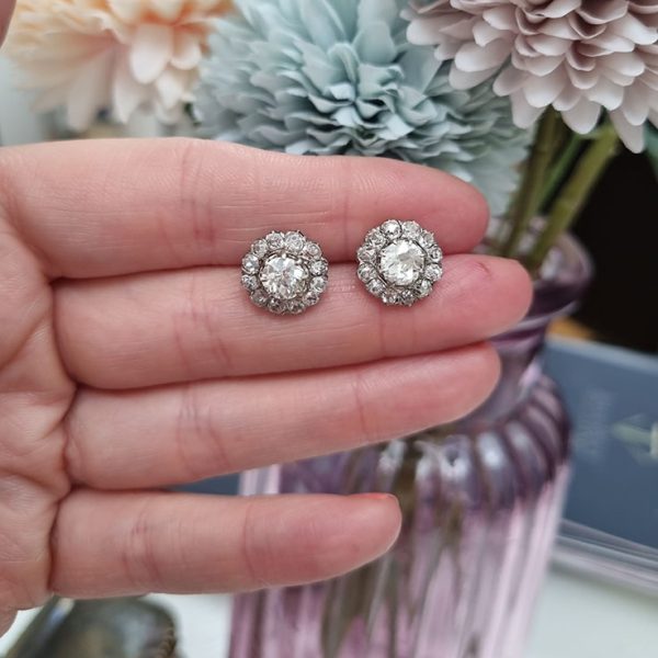 Victorian Antique 2.90ct Old Cut Diamond Cluster Stud Earrings, 0.70ct old-cut diamond centres surrounded by smaller old-cut diamonds, 2.90 carat total