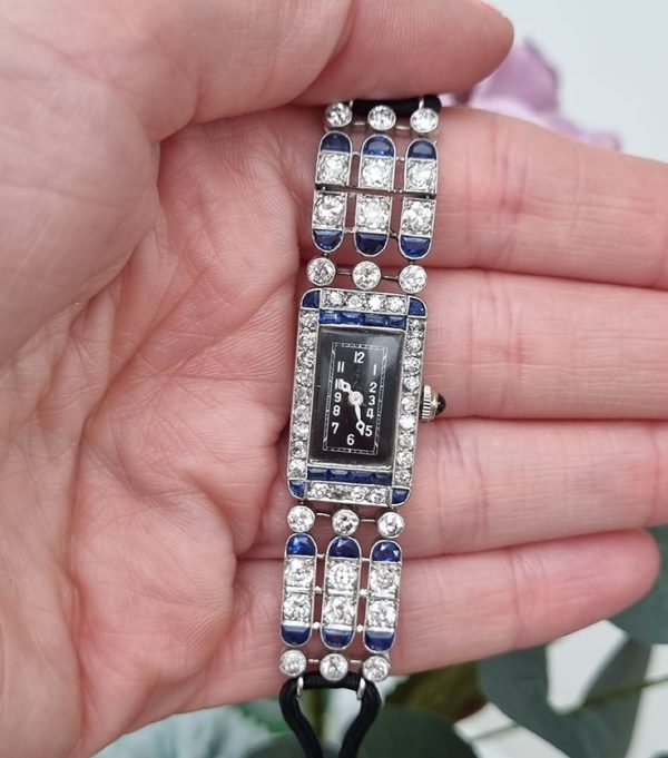 Art Deco French 2ct Sapphire and 3ct Diamond Cocktail Watch in Platinum