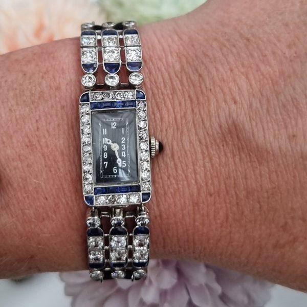 Art Deco French 2ct Sapphire and 3ct Diamond Cocktail Watch in Platinum