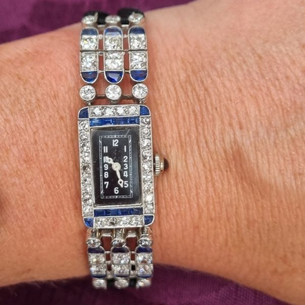 Art Deco French 2ct Sapphire and 3ct Diamond Cocktail Watch in Platinum