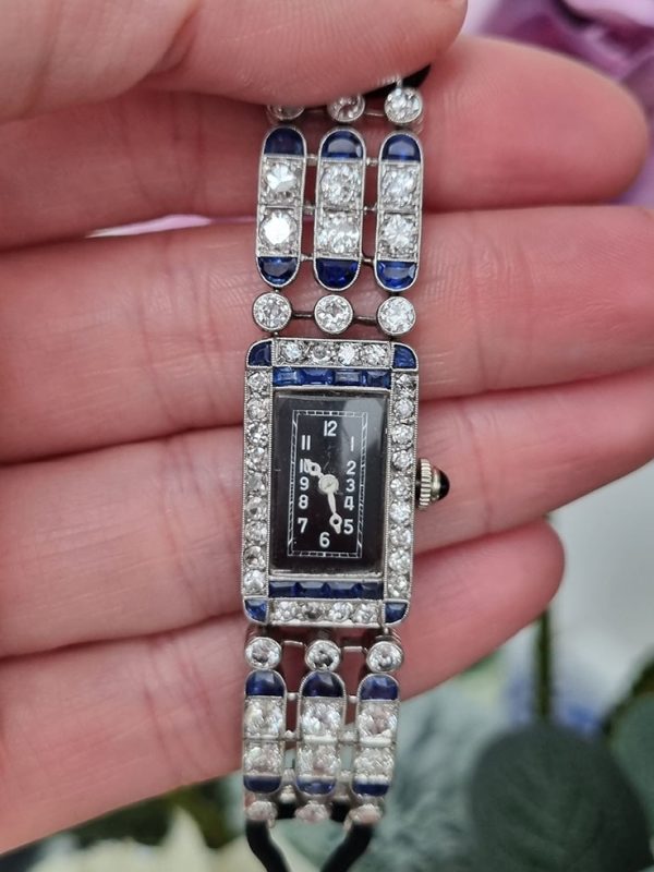 Art Deco French 2ct Sapphire and 3ct Diamond Cocktail Watch in Platinum