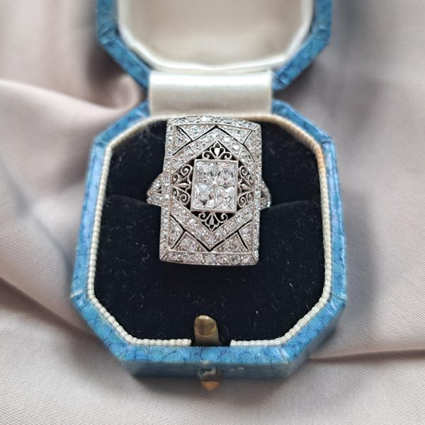 Vintage Old Cut Diamond Cluster Plaque Tablet Ring