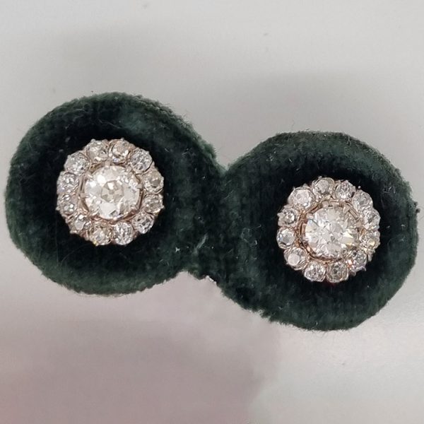 Victorian Antique 2.90ct Old Cut Diamond Cluster Stud Earrings, 0.70ct old-cut diamond centres surrounded by smaller old-cut diamonds, 2.90 carat total