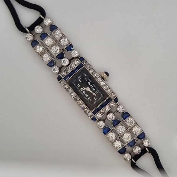 Art Deco French 2ct Sapphire and 3ct Diamond Cocktail Watch in Platinum