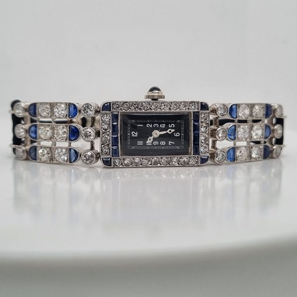 Art Deco French 2ct Sapphire and 3ct Diamond Cocktail Watch in Platinum