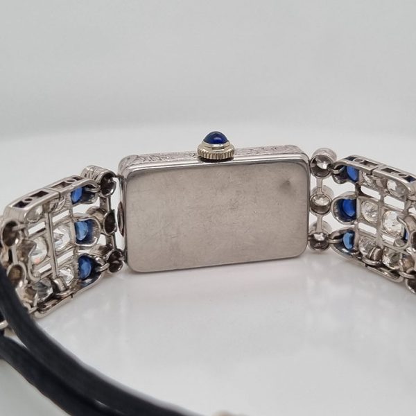 Art Deco French 2ct Sapphire and 3ct Diamond Cocktail Watch in Platinum