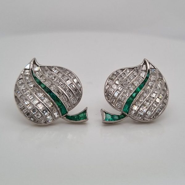 Vintage 7ct Baguette Cut Diamond and Emerald Apple Earrings