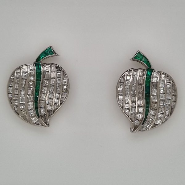 Vintage 7ct Baguette Cut Diamond and Emerald Apple Earrings