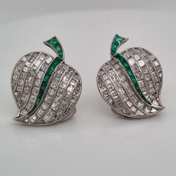 Vintage 7ct Baguette Cut Diamond and Emerald Apple Earrings