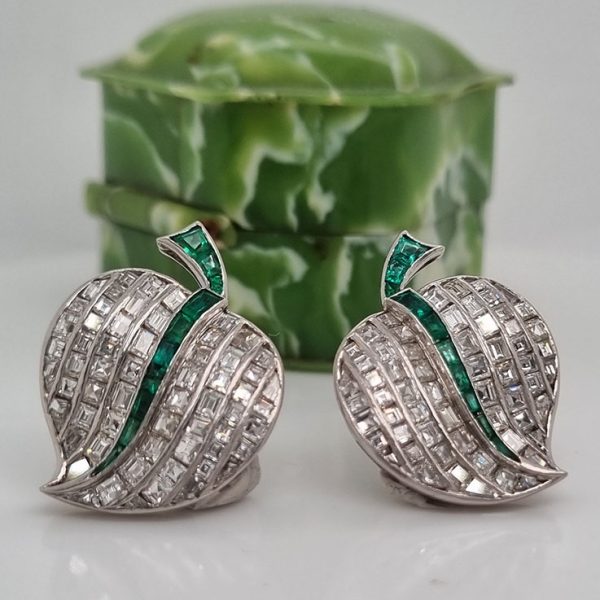 Vintage 7ct Baguette Cut Diamond and Emerald Apple Earrings