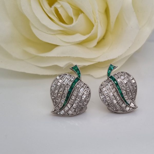 Vintage 7ct Baguette Cut Diamond and Emerald Apple Earrings