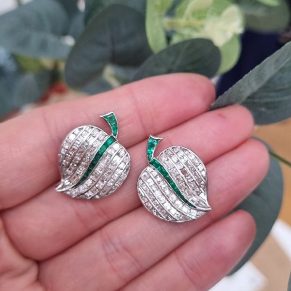 Vintage 7ct Baguette Cut Diamond and Emerald Apple Earrings