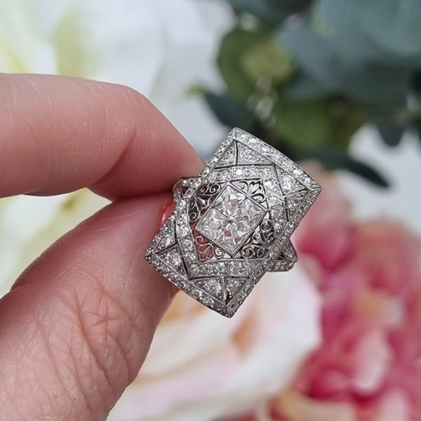 Vintage Old Cut Diamond Cluster Plaque Tablet Ring