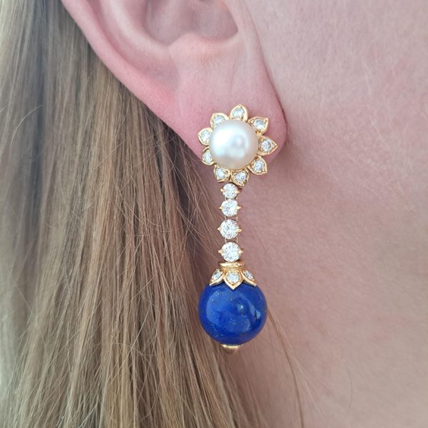 Vintage Georges Lenfant Lapis Lazuli Pearl and Diamond Drop Earrings