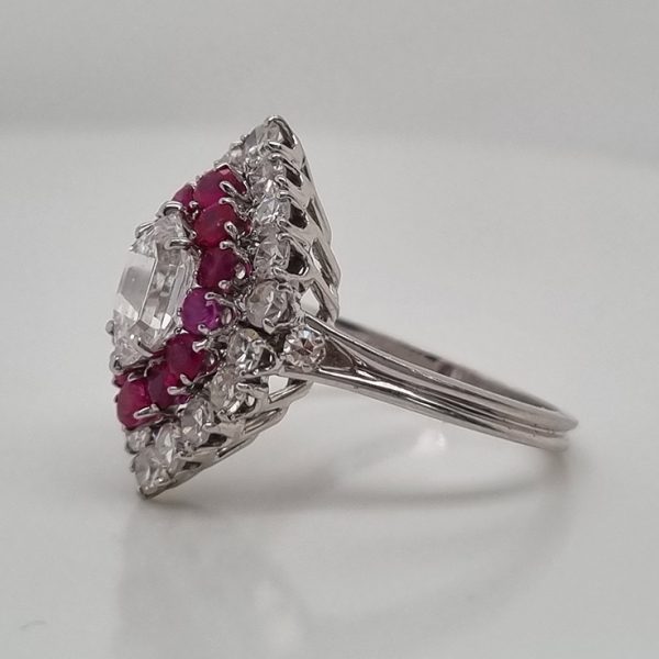 Vintage GIA Certified D Colour Diamond and Ruby Marquise Navette Cluster Ring in Platinum