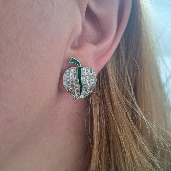 Vintage 7ct Baguette Cut Diamond and Emerald Apple Earrings