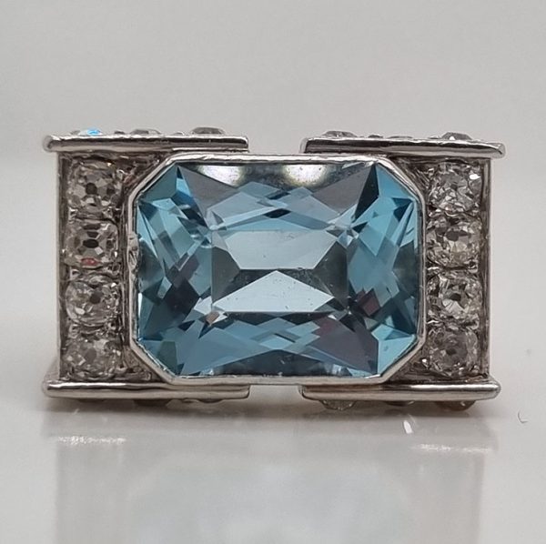 Vintage Retro 8ct Aquamarine and Old Cut Diamond Tank Ring