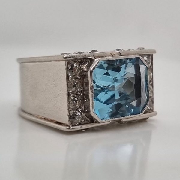 Vintage Retro 8ct Aquamarine and Old Cut Diamond Tank Ring